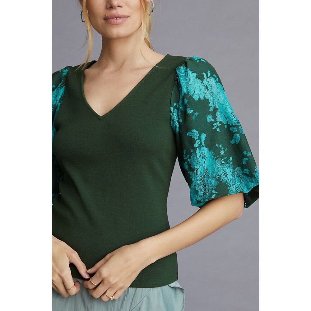 Anthropologie Dolan Left Coast Collection Green Lace Puff Sleeve Top Boho Size S